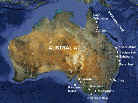 Map of Australia with selected destinations