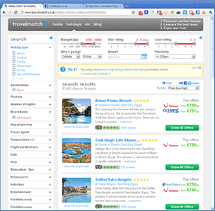 screenshot of travelmatch.co.uk all-inclusive holiday destination egypt