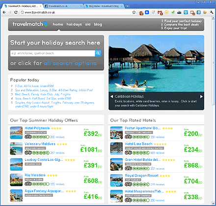 travelmatch.co.uk homepage screenshot travel meta search engine, aggregator