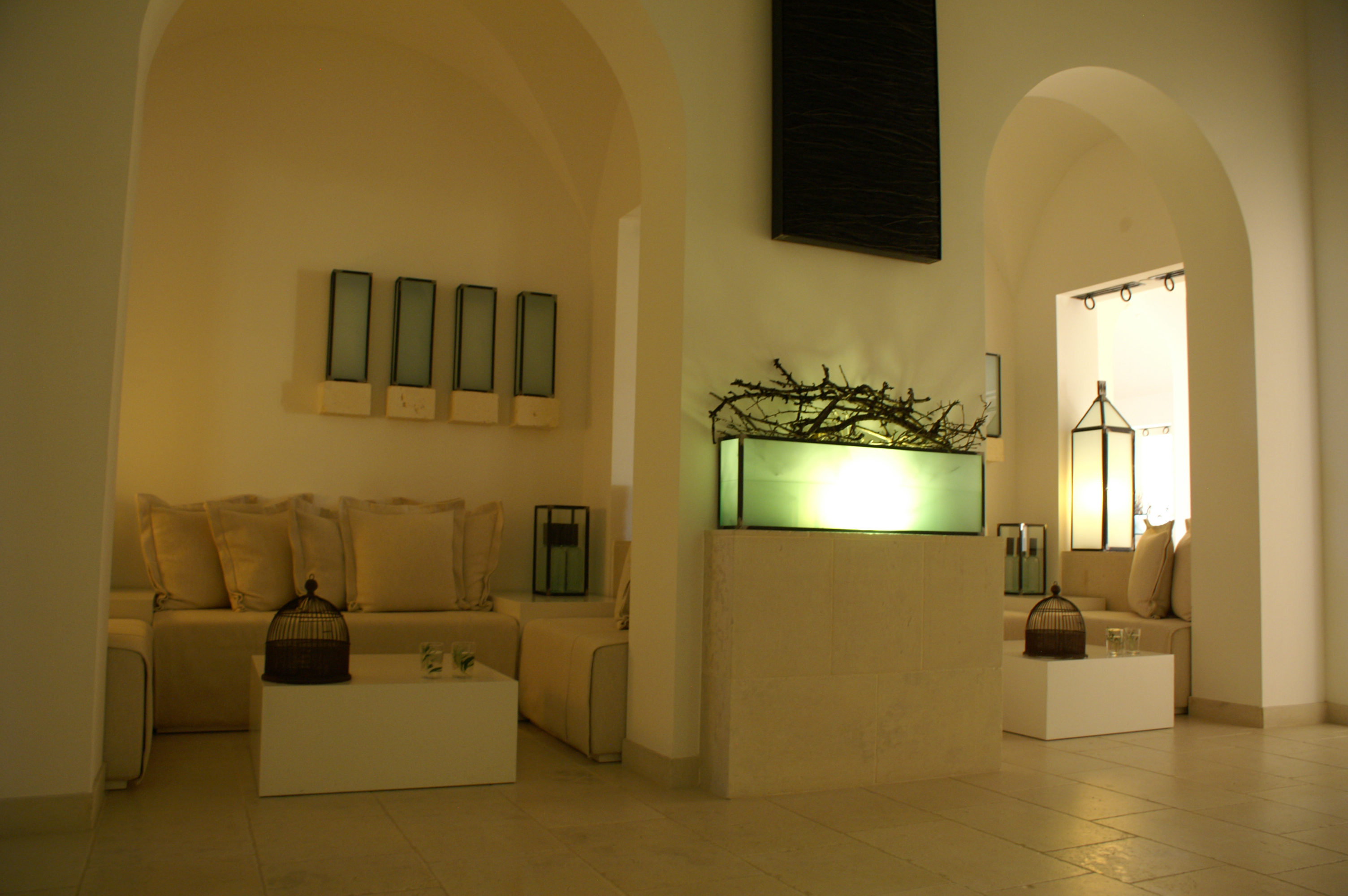 Couch, cushions and illumination decoration at Borgo Egnazia Resort Hotel in Puglia, Italy