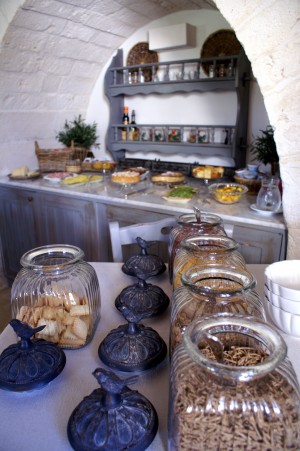Cereals, fruits and cakes on breakfast buffet at Masseria Fumarole in Puglia