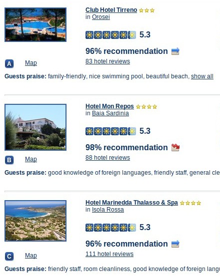 Result list of Sardinia hotels on HolidayCheck.com