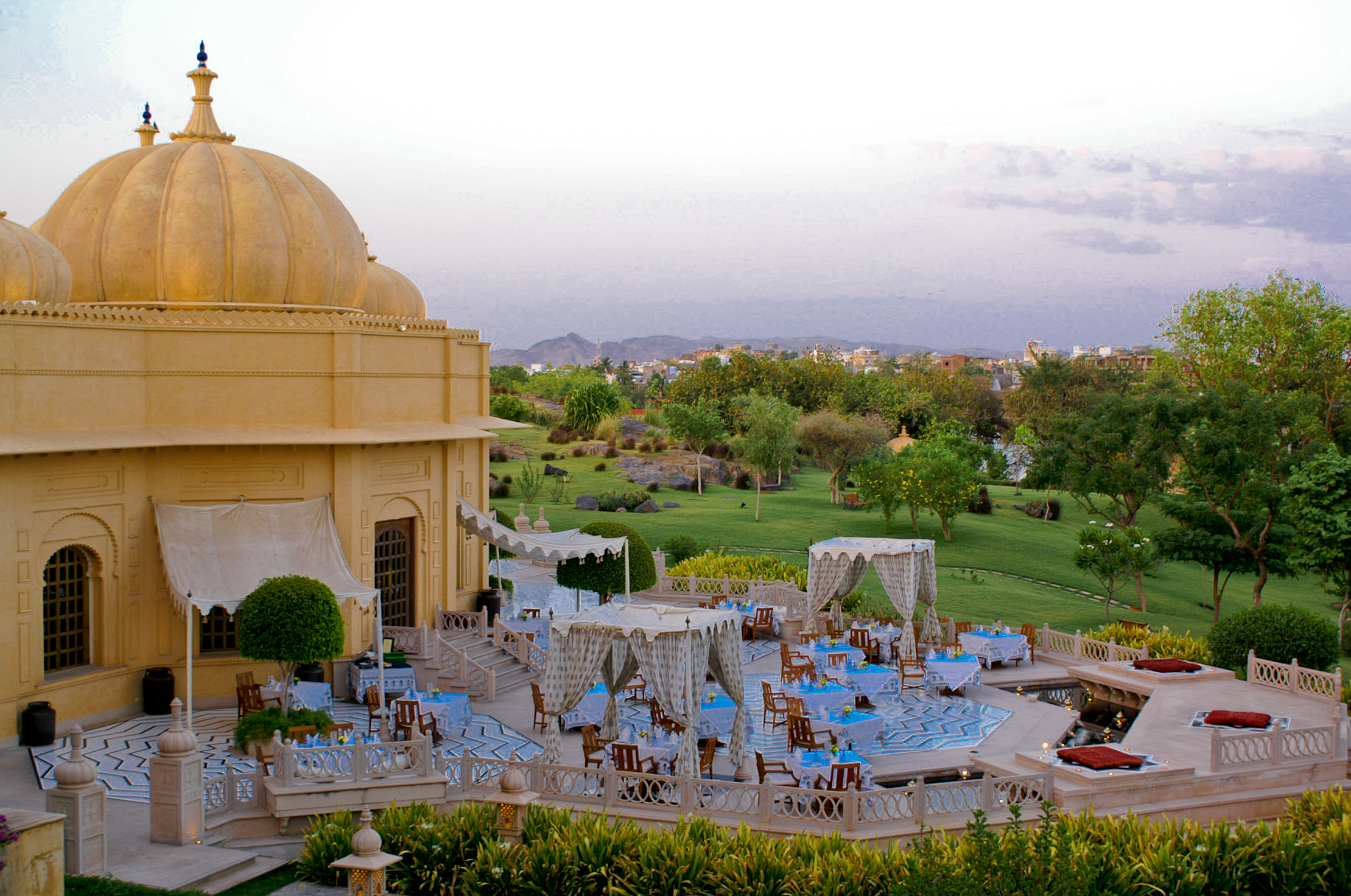Outside dinner cover at Oberoi Udaivilas luxury hotel in Udaipur, Rajasthan, India