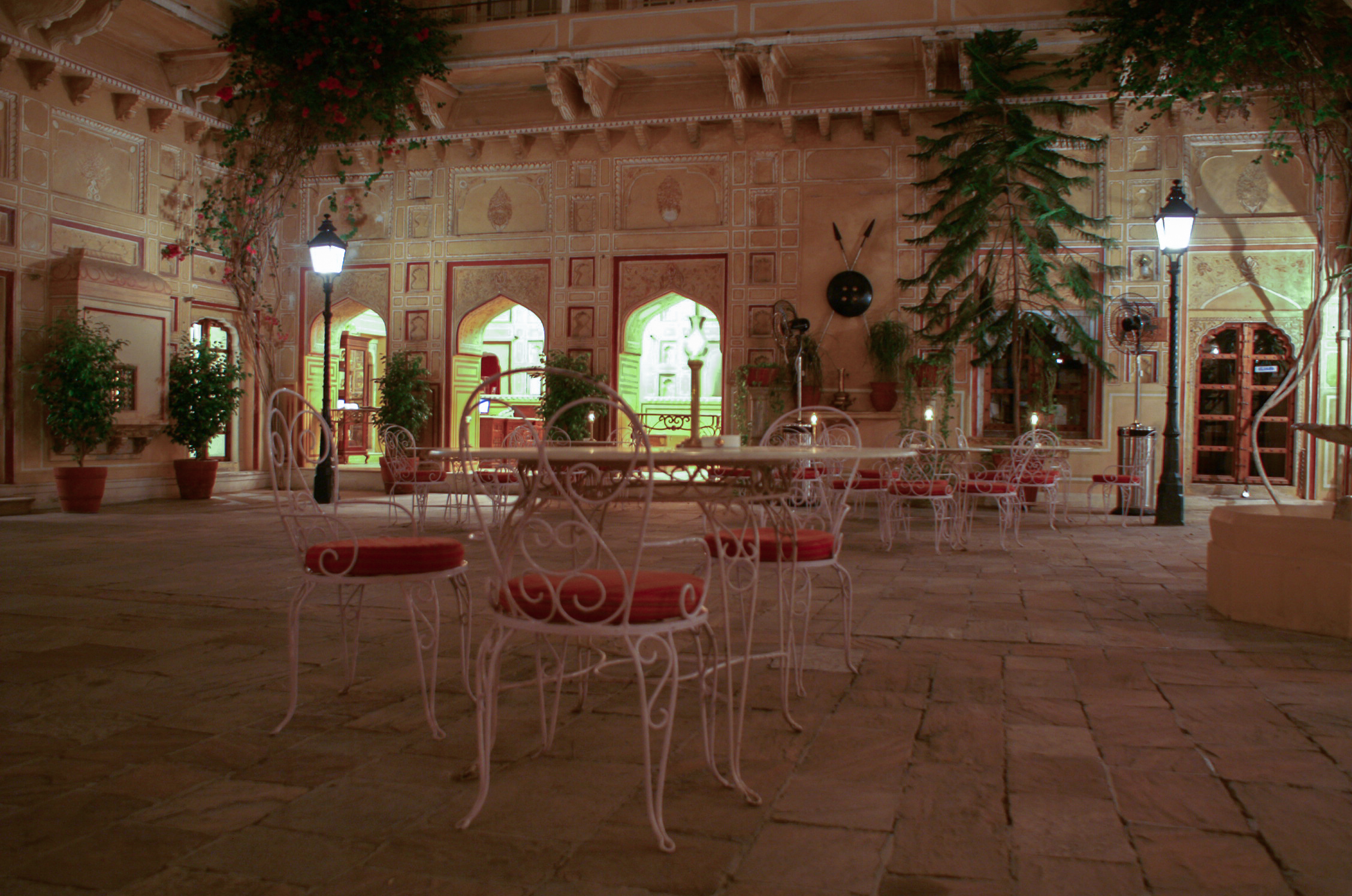 Samode Palace's inner courtyard by night