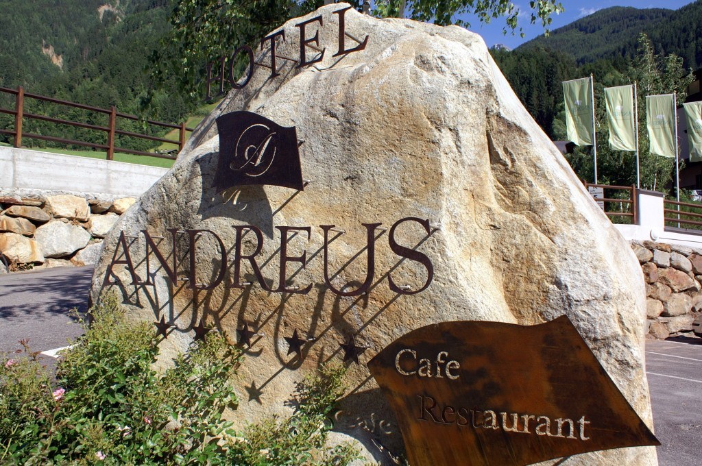 Signpost for Hotel Andreus, Café and Restaurant, South Tyrol, Italy