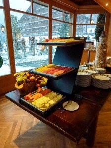 Breakfast at the Chalet RoyAlp. It was a treat to enjoy such an array of fresh summer fruit while watching snowflakes fall from the heavens