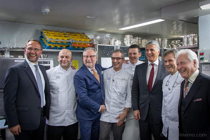 Dany Stauffacher with the Ticino Councillor, chefs and Sergio Ermotti