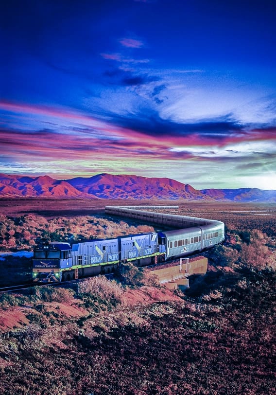 The Indian Pacific snaking through Outback Australia. Picture by Great Southern Rail