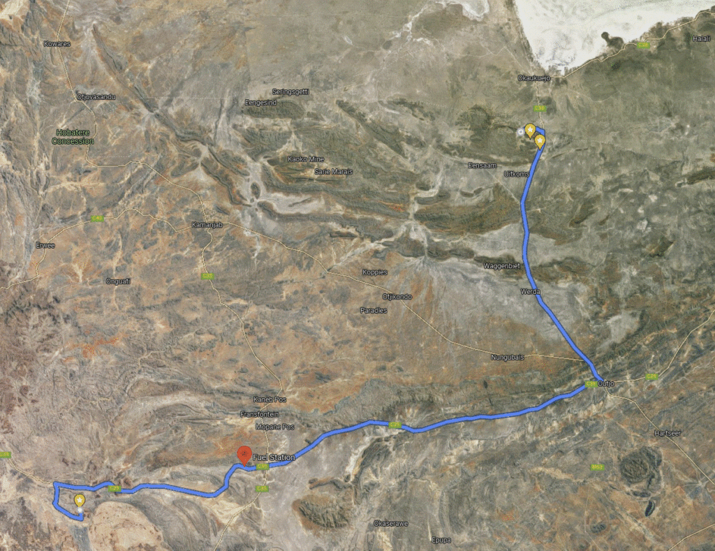 Google maps with filling station in Khorixas between Damaraland and Etosha National Park