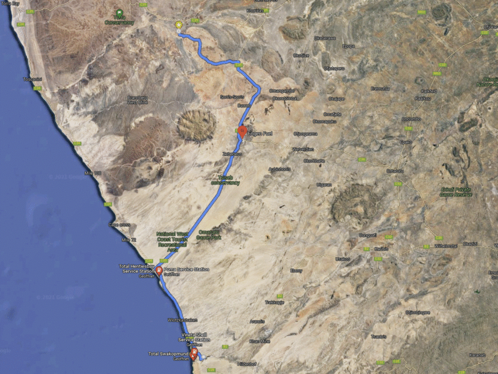 Google maps with Filling stations between Swakopmund and Uis 