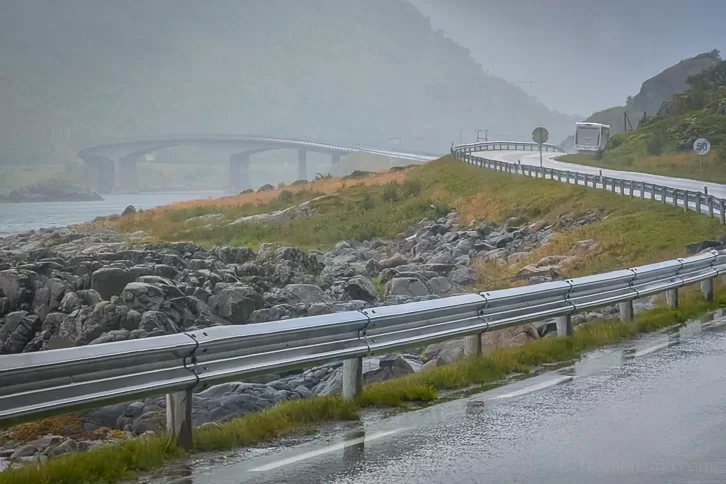 Winding country road E10 and bridge on the Lofoten Islands