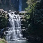 Multi-level waterfall cascades over rock formations into a turquoise blue pool, surrounded by dense tropical rainforest with visitors on the banks