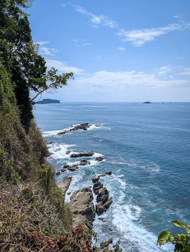 View from a wooded vantage point of a rugged rocky coastline with a turquoise-blue Pacific Ocean and small islands on the horizon